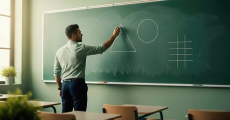 Teacher writing on blackboard displaying shapes. Teacher in classroom near window drawing geometrical shapes, circle, triangle and square. Celebrate Teacher's Day with educational illustration.