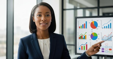 Confident businesswoman presenting data with colorful charts, showing data on screen with pointer. Presentation includes various charts and graphs for analysis and insights.