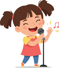 Fototapeta premium Cartoon Smiling Little Girl Singing with Microphone Illustration Graphic