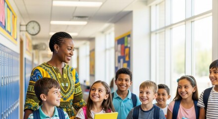 Happy teacher with students walking through school hallway cheerfully. Happy teacher enjoys company of school children near lockers, promoting positive learning environment.