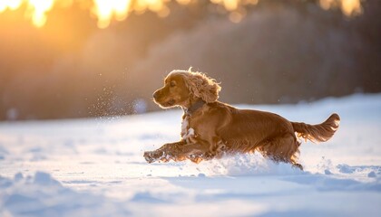Dog running in snowy field at sunset
