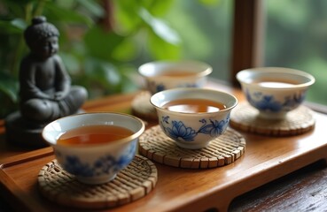 Four cups of tea are arranged on a wooden tray with bamboo coasters. A small Buddha statue sits nearby, and lush green foliage is visible in the blurred background, suggesting a serene setting.