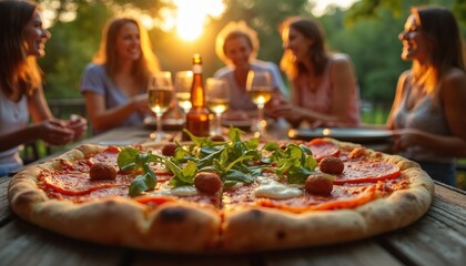 Friends enjoy pizza outdoors. Delicious pizza on wooden table. Group of women relax during sunset. White wine glasses visible. Bokeh and sunlight create vacation mood.