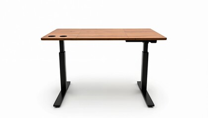 Modern standing desk wood top, black legs. Height adjustable table features two cable grommets, control panel for electric power adjustment. Ergonomic furniture for healthy productive work in home