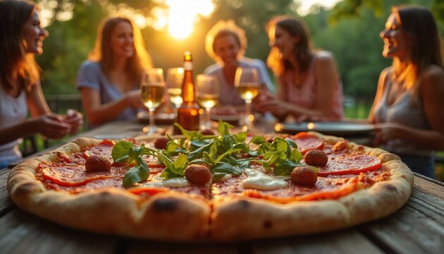 Friends enjoy pizza outdoors. Delicious pizza on wooden table. Group of women relax during sunset. White wine glasses visible. Bokeh and sunlight create vacation mood.
