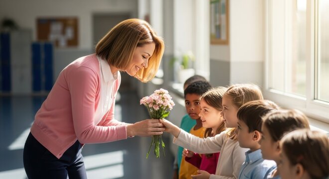 Teacher's day celebration featuring teacher receiving flower bouquet from group of diverse students in school hallway.