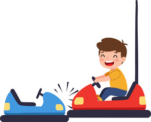 Colorful Flat Style Bumper Car Ride Illustration with Smiling Boy Character
