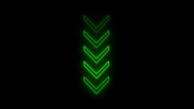Neon green chevron arrows pointing downwards on black background abstract motion graphic digital