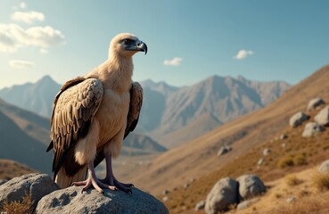 Griffon Vulture stands on rock in mountain landscape. Bird of prey looks around. Mountains and blue sky in background. Animal in natural habitat.