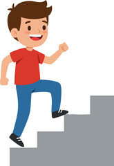 Cartoon Style Boy Climbing Stairs Depicting Success and Achievement Illustration