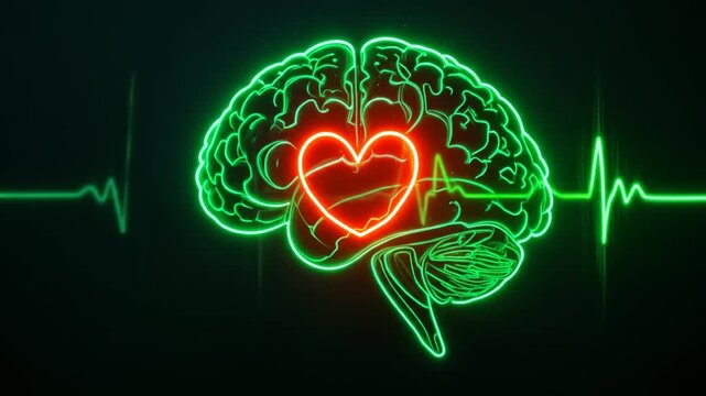 A neon green brain with a beating heart symbolizes mental health and well-being in a modern artistic representation. 4k video