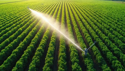Aerial view of green farm field with endless rows of crops. Large irrigation system sprays water, creating bright beam under sun. Modern farming tech waters plants on sunny day. Vital system ensures