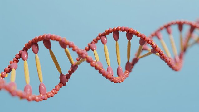 Close-up of a DNA double helix structure against a blue background.