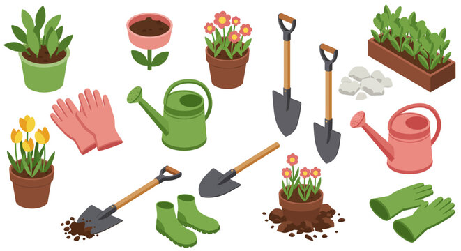 Garden tools and plants in isometric style for modern gardening enthusiasts