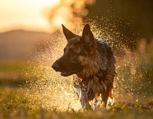 Dog splashing in sunset