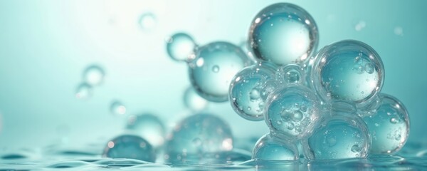 Close up shot of water bubbles clusters. Transparent spheres float above surface. Abstract scene with bubbles texture on blue aqua background.