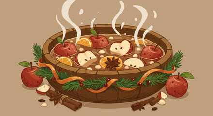 Warm spiced apple cider in wooden bowl with oranges and cinnamon sticks  