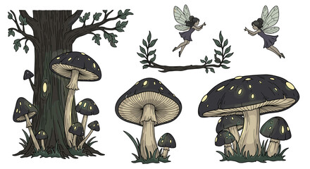 Enchanted forest pixel art asset pack with glowing mushrooms and fantasy fairies vector illustration