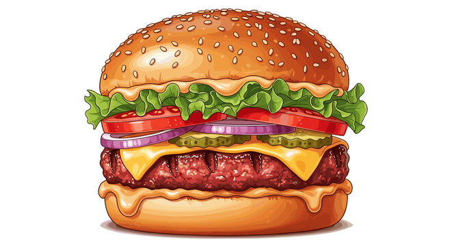 Classic cheeseburger with fresh toppings vector illustration isolated on transparent background