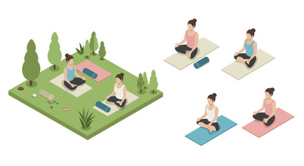 Tranquil outdoor yoga session with women practicing meditation on mats in iso…