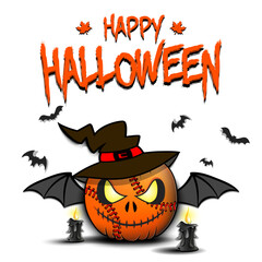 Happy Halloween. Template design. Baseball ball in the form of a pumpkinin in witch hat with bat wings and candles on an isolated background. Pattern for poster, greeting card. Vector illustration