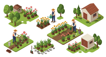 Isometric garden scene with people planting and watering in allotment