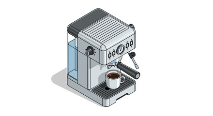 Modern isometric espresso machine brewing hot coffee into a mug, svg vector illustration isolated on transparent background.