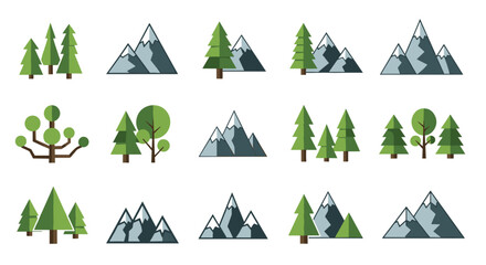 SVG vector illustration of stylized flat mountains and trees set isolated on transparent background.