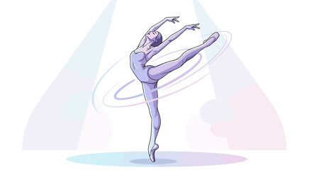 Graceful ballet dancer performing elegant arabesque pose under spotlights, vector illustration isolated on transparent background.