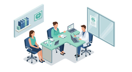 Healthcare team meeting: doctors and patient in a modern office setting