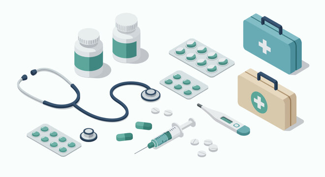 Isometric medical supplies with stethoscope, pills, syringe, and first aid ki&hellip;