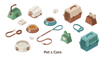 Pet care essentials isometric set with carriers, bowls, leashes, and toys