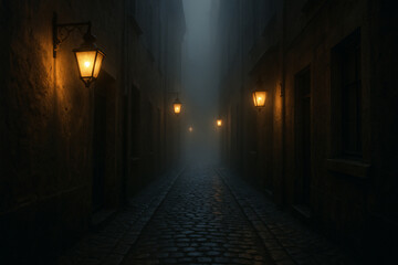 Fototapeta premium Step into a foggy night on a cobblestone street illuminated by vintage gas lamps, perfect for mystery novels, atmospheric horror, or historical ambience needs