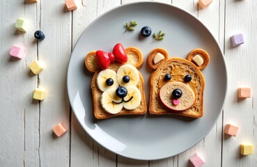 Two cute bear face toasts on white plate. Bread, peanut butter, banana, blueberry, apple make fun kids breakfast sweet dessert. Creative healthy food art snack for children. Top view shot. Meal time.