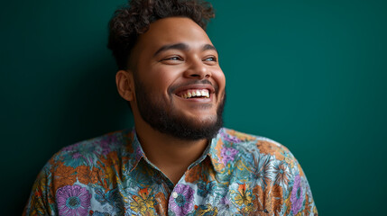 A happy young man from a diverse background in bright clothes, smiling against a solid green background, diversity, inclusivity, interracial couples, plus-size models, vibrant port