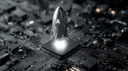 Rocket taking off on a computer chip, illustrating digital transformation, with blurred circuit board background