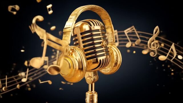 Golden microphone and headphones with musical notes on a dark background