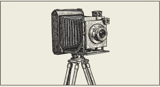 Vintage camera on tripod: detailed retro drawing for photography enthusiasts