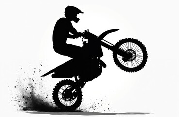 Fototapeta premium Silhouette of a motocross rider performing a wheelie on dirt bike. The black and white illustration displays dynamic action motion and high contrast design for graphic needs.