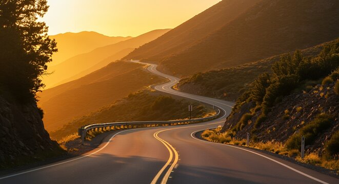 Winding road through mountains at sunset, golden light.