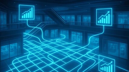Futuristic data visualization in a modern setting with glowing graphs and connections illustrating data growth and analysis. - Powered by Adobe