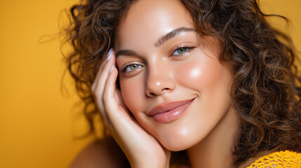 Fototapeta premium A beautiful young woman from a diverse background showcasing radiant skin, promoting inclusive beauty, diversity, inclusivity, interracial couples, plus-size models, skincare inclu
