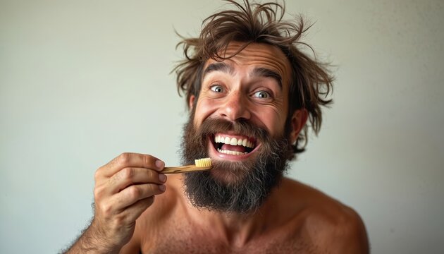 Cheerful man with wild messy hair, big beard smiles wide, holding bamboo toothbrush. Prepares for morning dental hygiene, showing natural eco friendly practices. Person promotes happy, healthy