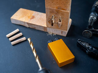 View of the workbench with accessories and tools for joining wood.