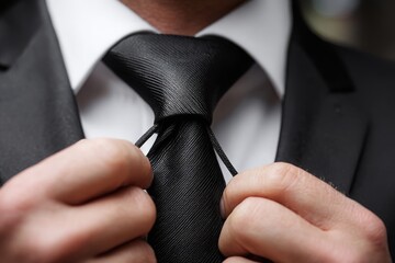 A close-up shot of a man adjusting his black tie, wearing a white shirt and black suit jacket before a formal event, showing the attention to detail.