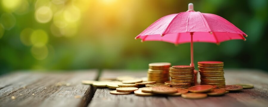 Stacks of gold coins protected by a pink umbrella on a wooden surface, suggesting financial security and wealth preservation. Soft green bokeh background implies natural growth and safety.
