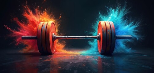 Barbell weight with explosive red and blue powder clouds. Energetic fitness concept with strong dynamic power and intensity. Gym, training, and strength exercise.