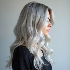 Obraz premium Profile of stylish woman with silver hair. Female shows shiny healthy white curls. Lady presents luxury hairstyle, hair coloring and haircare product in beauty salon or studio for magazine cover.