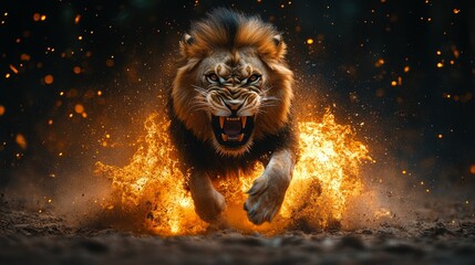 An angry lion with an open mouth. expression of anger. Portrait of a big male lion with open mouth on a dark background. 
