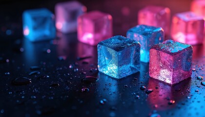 Colourful ice cubes with water droplets lie on dark surface. Blue, purple tones. Cubes create refreshing cool mood. Perfect for summer cocktail party. Aesthetic shiny surface creates luxurious